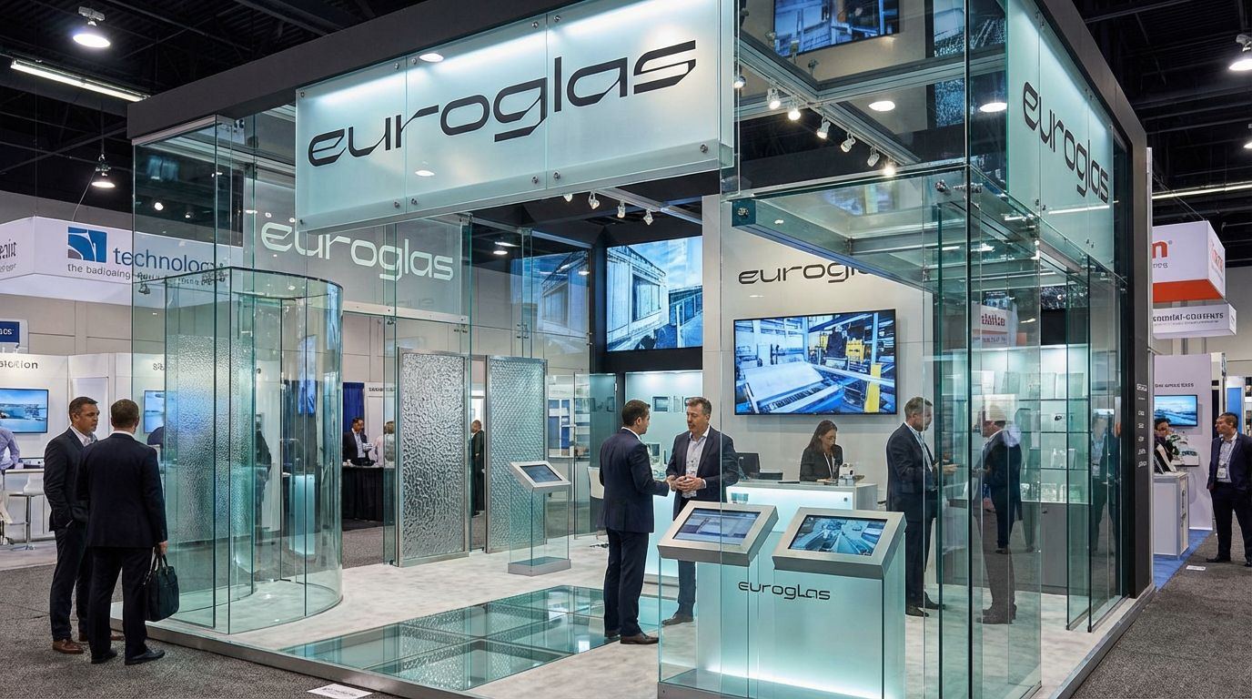 euroglas exhibition booth showing curtain wall, doors, and glazing samples