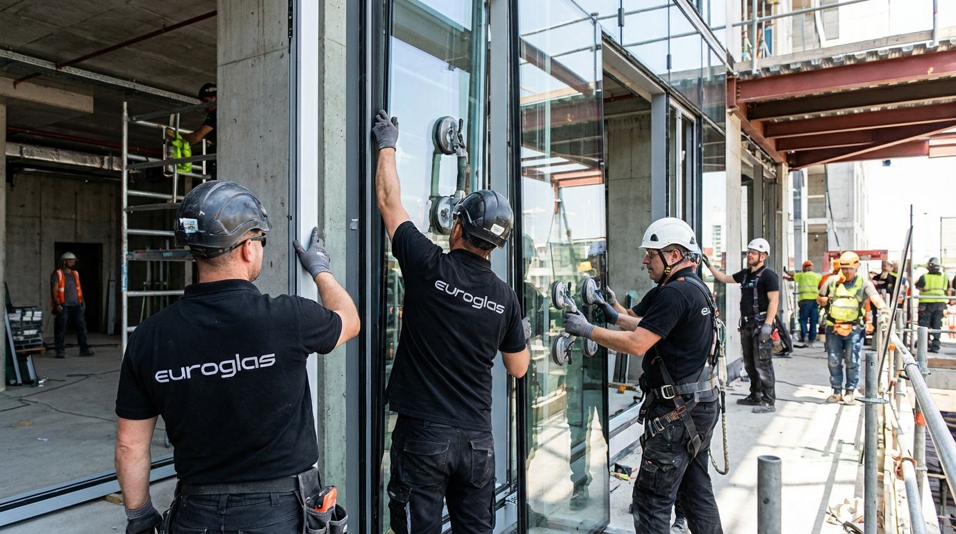 Curtain wall installation on commercial building façade